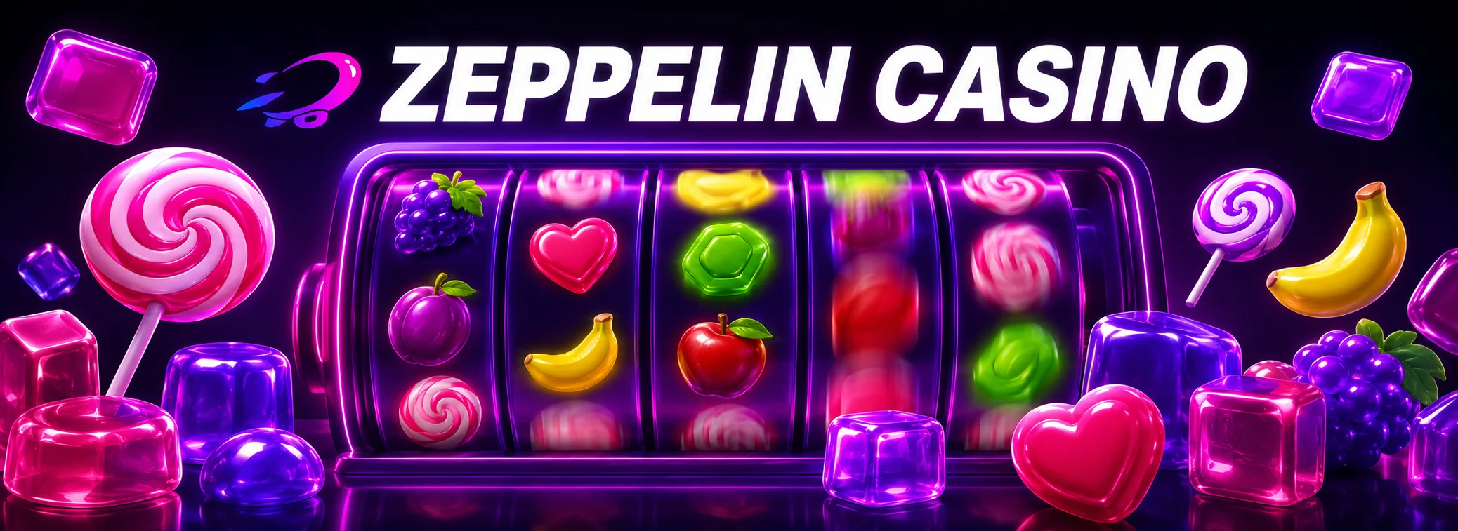 Lobby Zeppelin Casino aux teintes magenta et violet sur fond sombre, avec une grille de machine à sous en cours de rotation